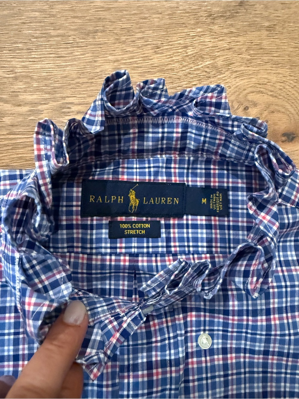 Ralph Lauren Blue and Pink Plaid Ruffle-Collar Button Shirt - Picture 2 of 4